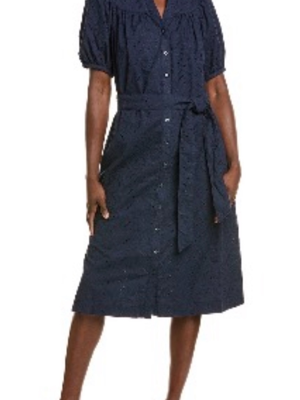 Brooks Brothers Navy Button-Front Midi Dress with Tie Waist